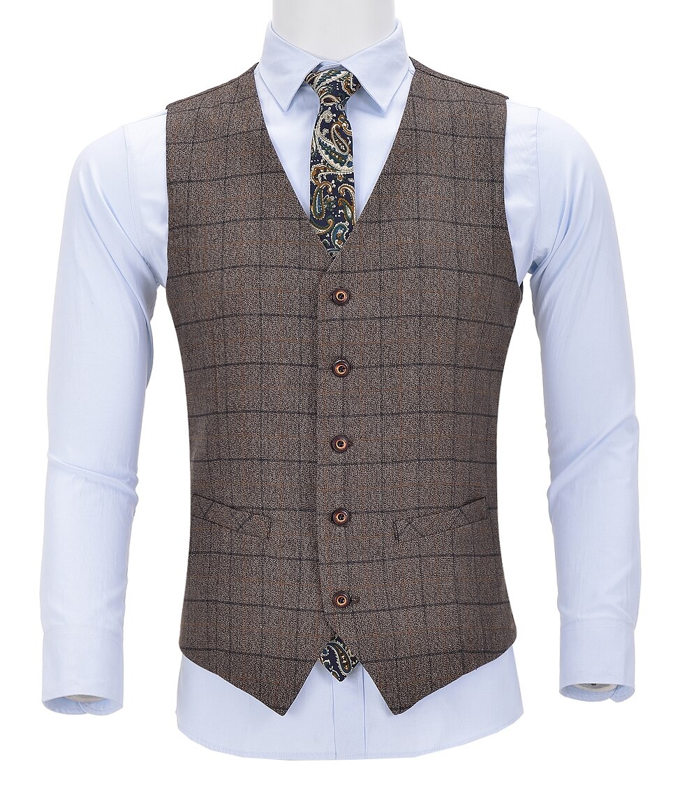 Colete masculino formal de algodão com caimento justo, colete de lã xadrez marrom para casamento, colete formal, padrinhos