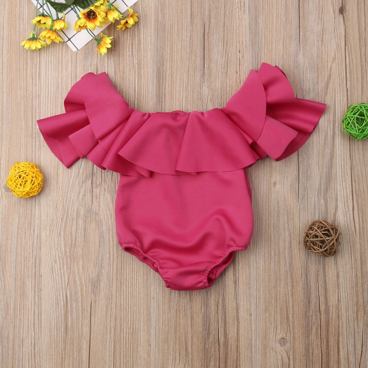 Nieuw Mooie Infant Kids Baby Meisjes Zomer Bodysuits Korte Ruches Mouwen Off Shoulder Solid Jumpsuits Outfit 0-12M
