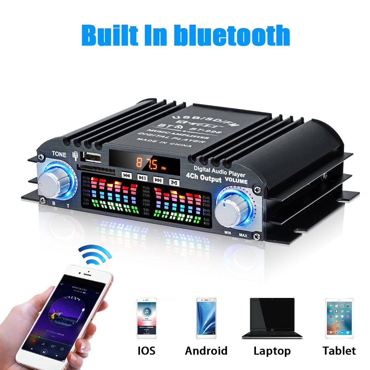 BT-998 Hifi Audio Home Digital Amplifiers Car Audio Bass Power bluetooth Amplifier FM USB SD Radio Subwoofer Speakers 12V/220V