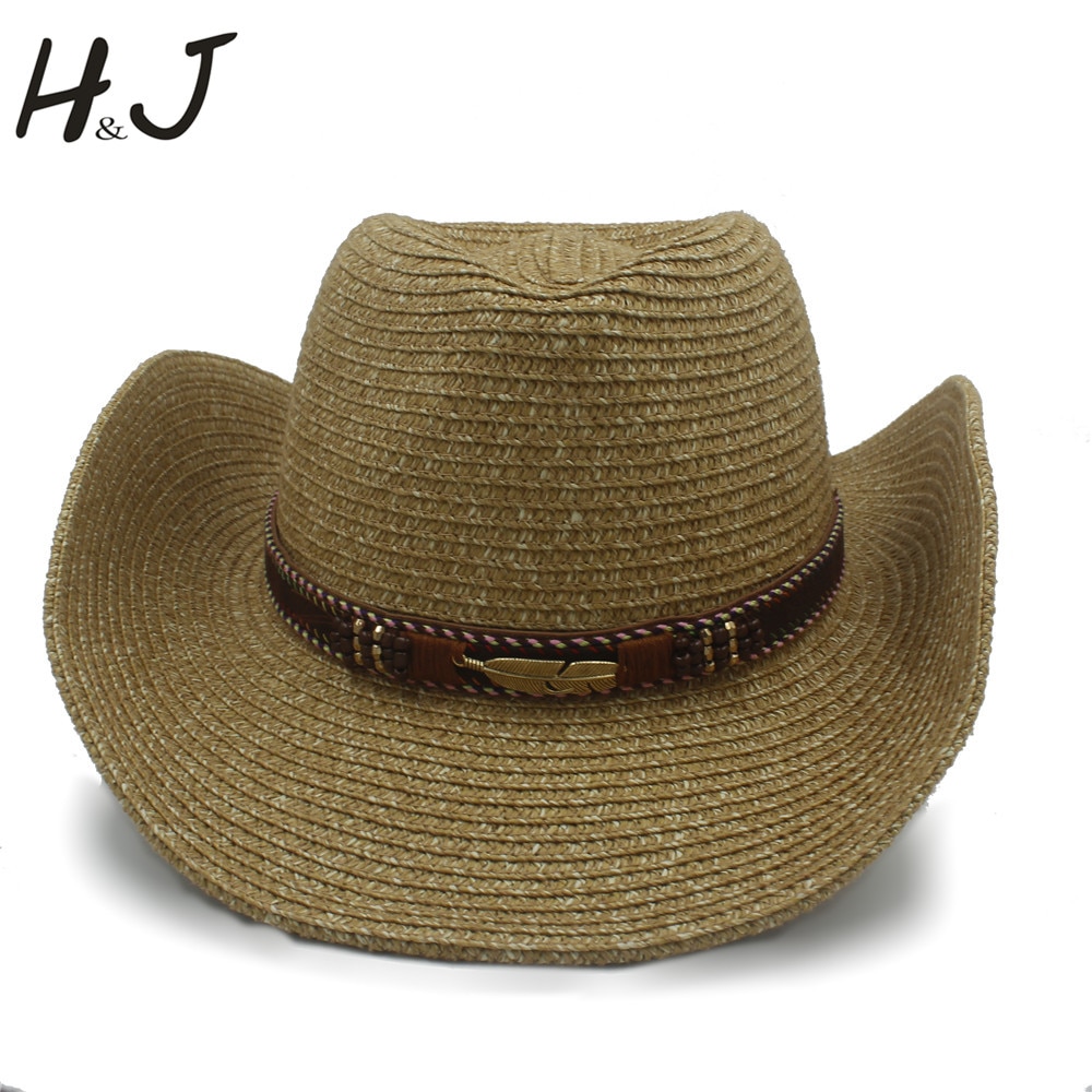 Sommer strå kvinner menn hul western cowboyhatt med skinn