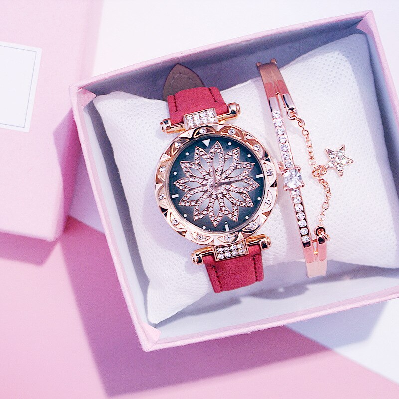 Women Watches Set Starry Sky Ladies Bracelet Watch Casual Leather Sports Quartz Wristwatch Clock Relogio Feminino: Red With Bracelet