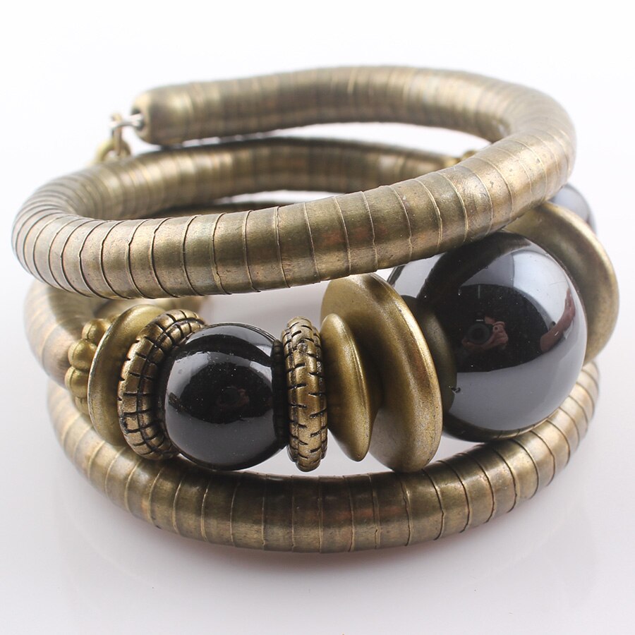 YUZHEJIE Jewelry Tibetan Antique Bronze Snake Bracelet Resin Inlay Roundness Bead Flexible Bracelet Bangles for women