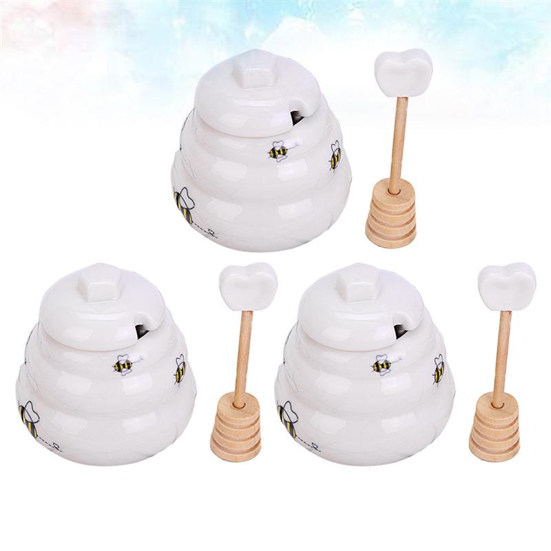 5PCS Ceramic Honey Pot Jam Jar Set with Dipper and Lid for Home Kitchen