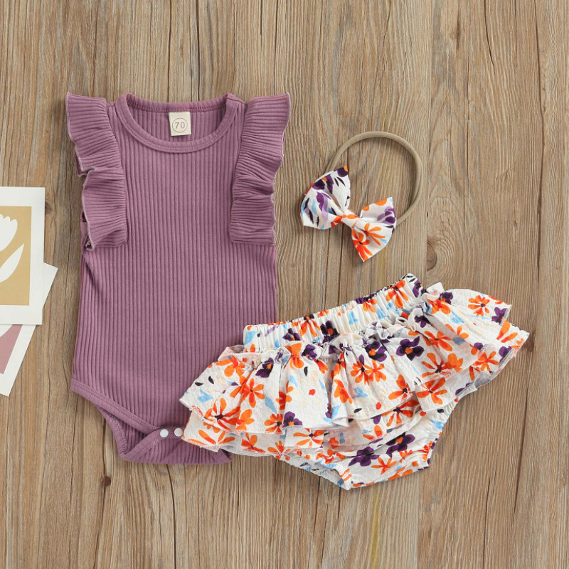 Baby Meisje Zomer Rompertjes Set Peuter Ruches Mouwloze Jumpsuit En Bloemenprint Shorts Hoofdband