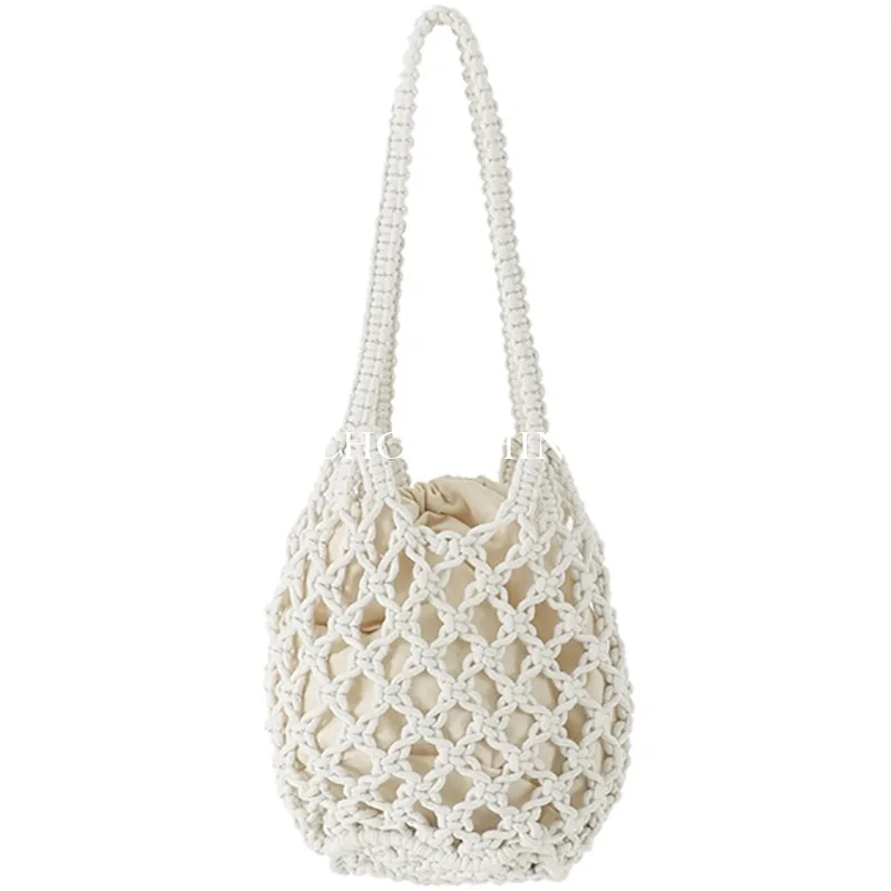 Sommer Strand tasche für Frauen Gittergewebe Seil gestrickt Eimer Umhängetaschen retikulieren hohle Reise Käufer Totes Damenmode Handtasche: Schwarz