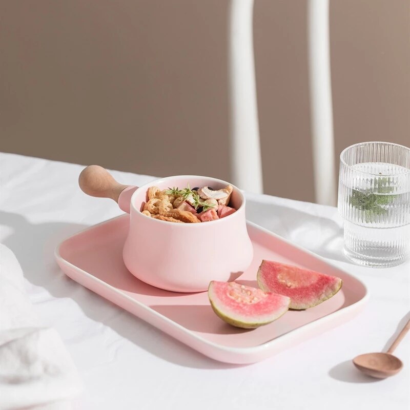 Tazón de cerámica con mango de madera para leche, plato de porcelana rosa y gris, bandeja creativa, juego de vajilla para postres y desayuno