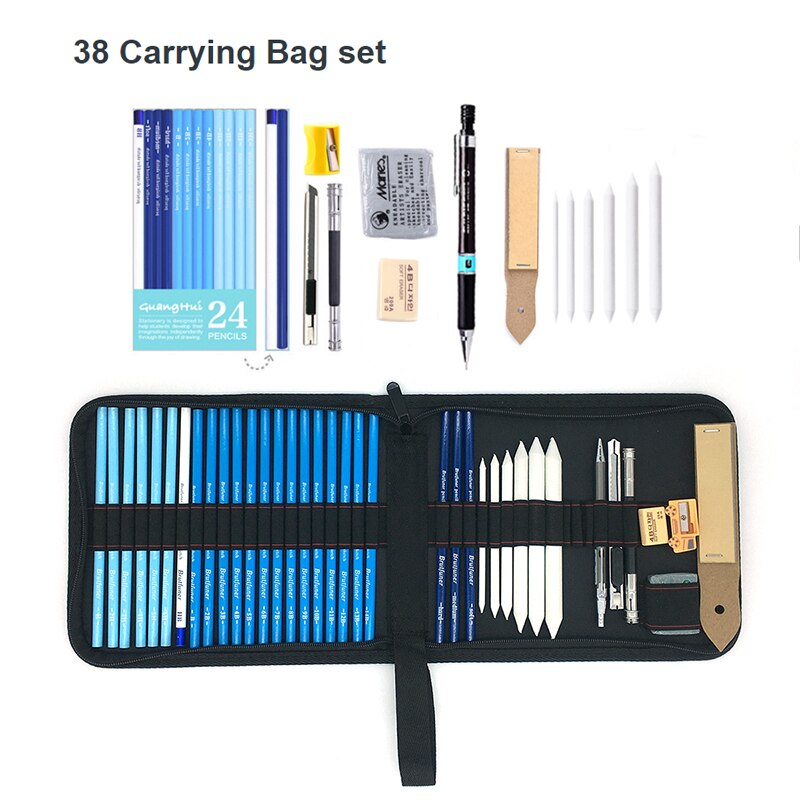 Professionele 28/38Pcs Schets Potlood Set Schetsen Houtskool Tekening Kit Hout Potlood Zakken Voor Schilder Scholieren Art levert: 38 Carrying Bag set