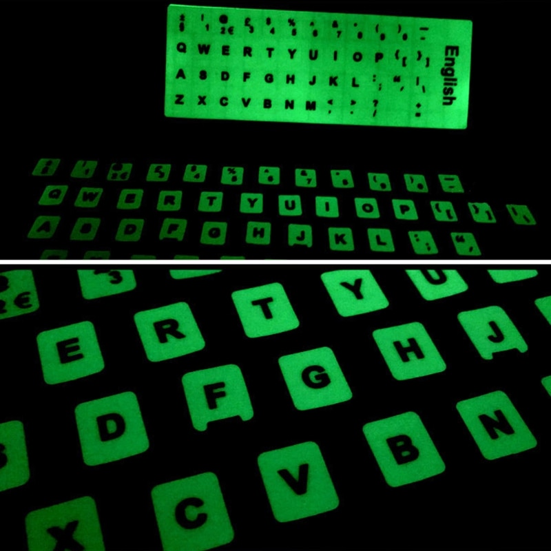 Självlysande vattentäta tangentbordsklistermärken fluorescerande tangentbordsklistermärken skyddsfilmlayout med knappbokstäver för engelsk nyckel