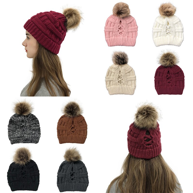 Dames wollen muts, muts met ronde kop, accessoires, gebreide muts, hoofddeksel, kruismuts, hoofddoek, haarbal, elastisch, winterwarm
