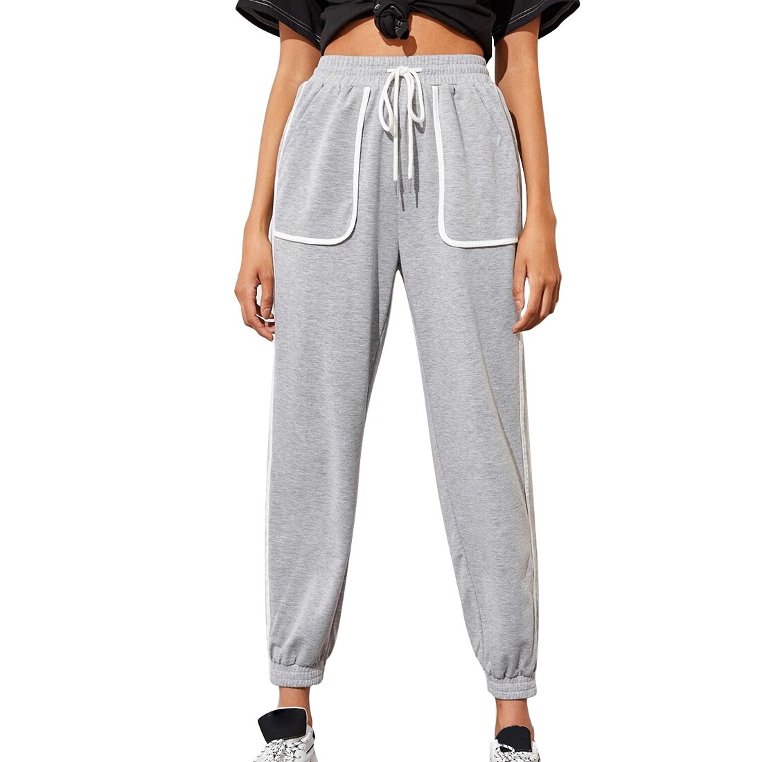 Harajuku Jogger Hosen Tasche Krawatte bein Jogginghose Frauen Hosen Plus Größe Hohe Taille Hosen Streetwear Casual Hose Femme Herbst: gray / L