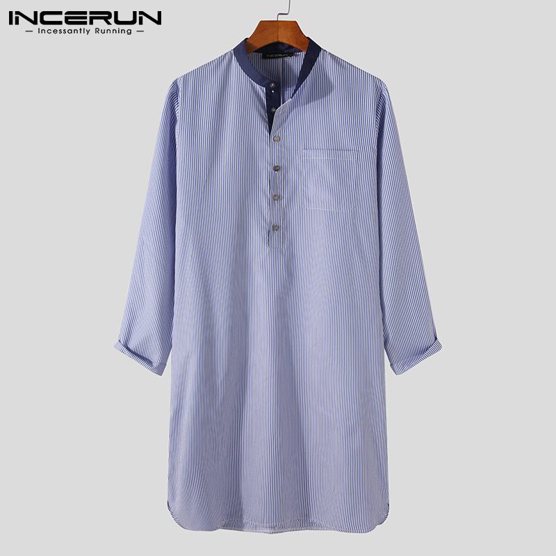 Men Robes Homewear Stand Collar Long Sleeve Striped Patchwork Cozy Nightgown Button Sleepwear Leisure Men Bathrobe S-5XL INCERUN