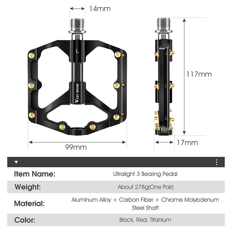 WEST BIKING-Pedal de fibra de carbono para bicicleta de carretera, 3 rodamientos, aleación de aluminio, antideslizante, accesorios para bicicleta de montaña
