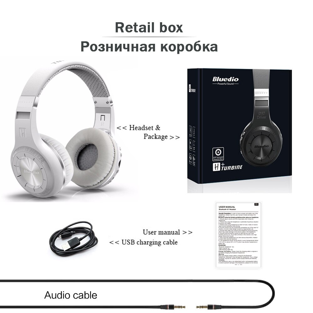 Originele Bluedio H + Bluetooth Stereo Draadloze hoofdtelefoon Super Bass Muziek Mp3 Speler Headset met Microfoon FM BT5.0 hoofdtelefoon: White with box