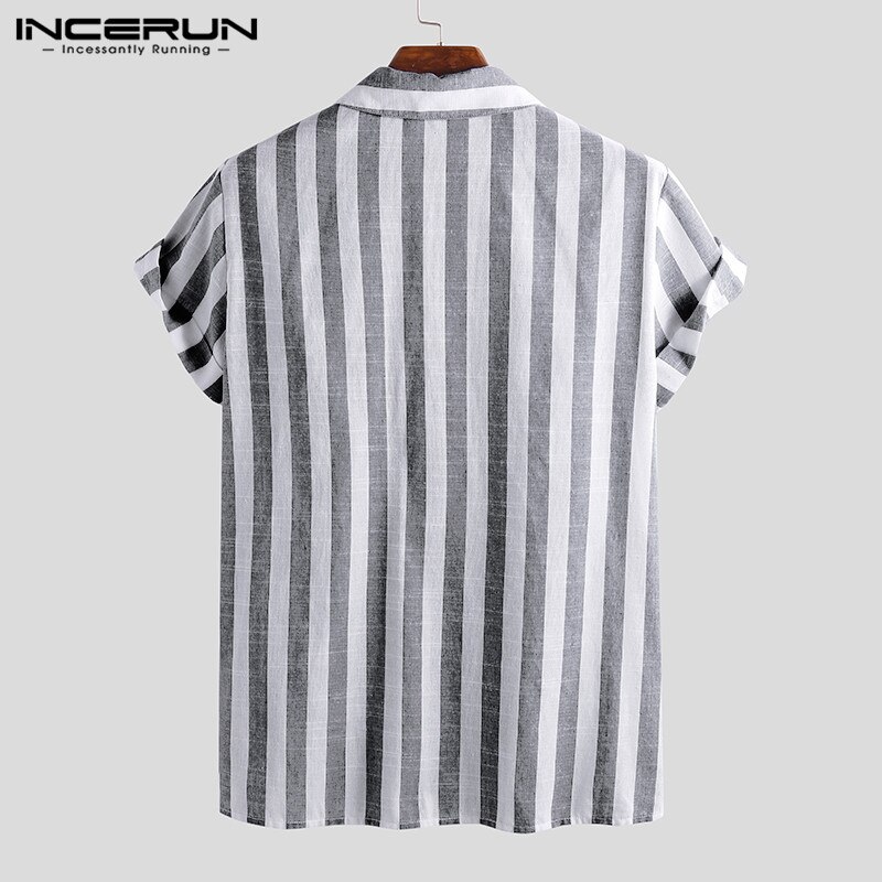 Incerun Mode Casual Shirt Mannen Gestreepte Korte Mouwen Revers Ademend Chic Blouse Camisa Masculina Shirts Mannen S-5XL