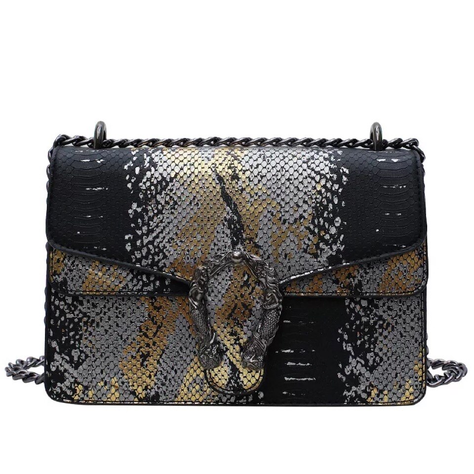 Dames chian schoudertassen casual serpentine leren vierkante tassen voor dames pu slangenpatroon koerierstas: Zwart