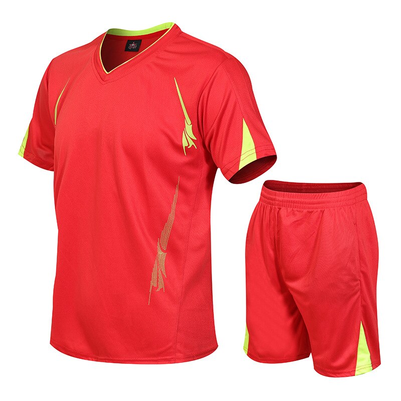 summer sports and fitness quick-drying two-piece football running training physical training suit men: Red / M