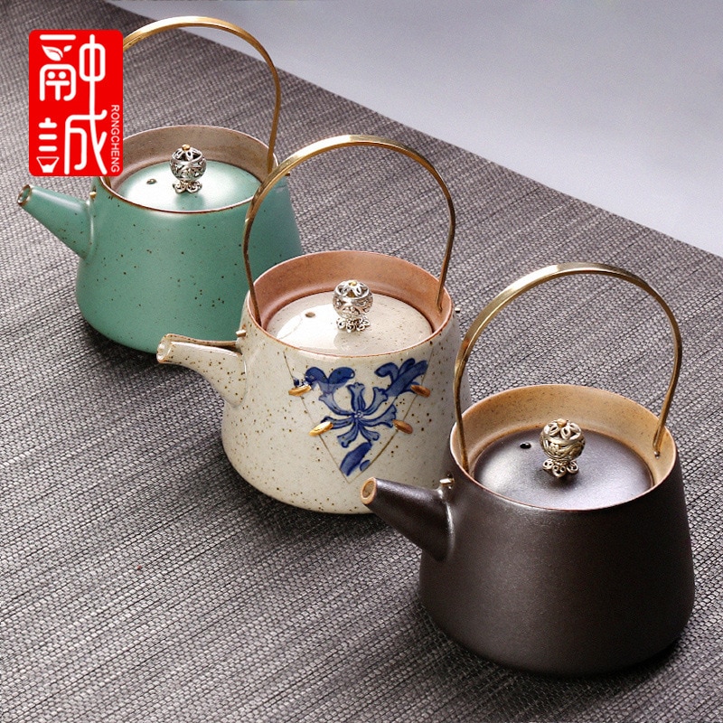 Vintage Tea Loop-handled Teapot Ceramic Retro Tea Making Device Household Copper Handles Single Teapot Tea Kettle Japanese Style