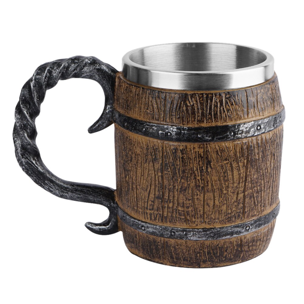 Simulatie Hout Vat Bier Cup Hout Stijl Bier Stein Eiken Hout Rvs Cup Double Wall Mok Metalen Beer mok 1Pc: Default Title