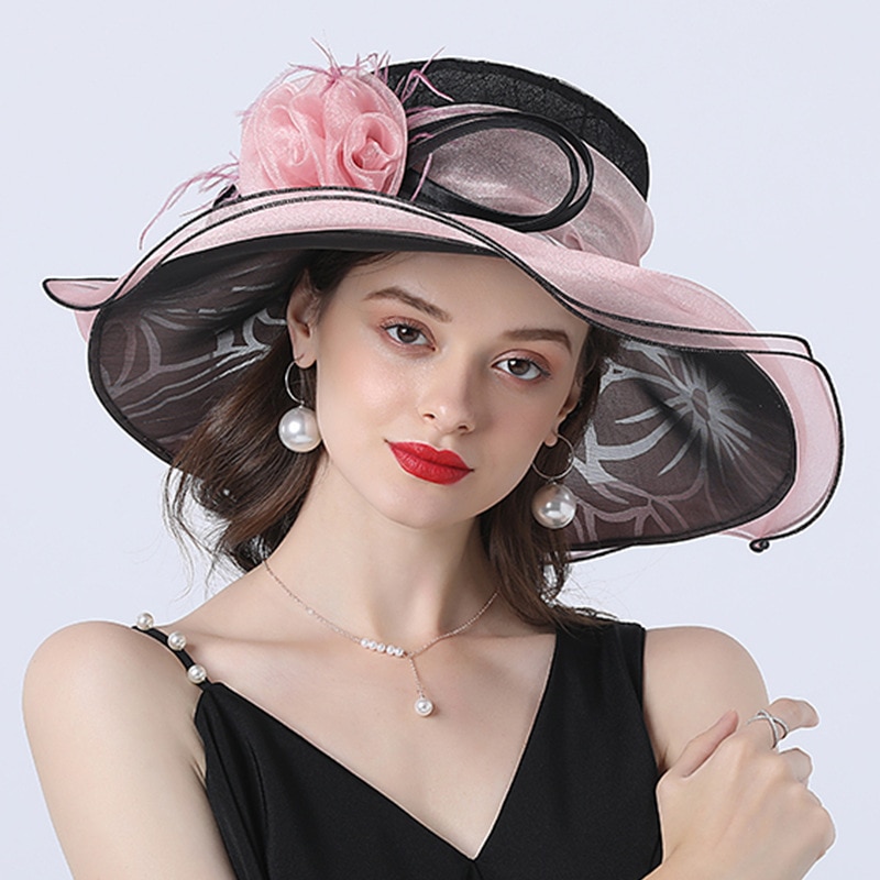 Women Summer Church Hat Organza Wide Brim Sun Hat Ladeis Fascinator Hat for Kentucky Derby Wedding Bridal Hat Dress Party Hat