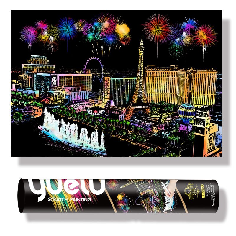 Diy Handleiding Schrapen Schilderij Grote 75*52Cm Reel Wereldberoemde Lanscape Building Night View Kras Schilderen Papier tekening Speelgoed: Las Vegas