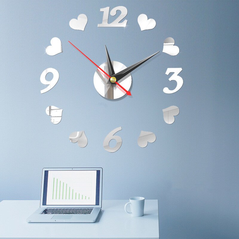 3D Wall Clock DIY Acrylic Large Frameless Mirror Number Sticke Art Decal Living Room Decor Wall Clock Modern: Silver-1