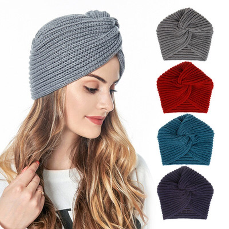 Women's Knitted Turban Hats Turban Cashmere Cross Wrap Head Hat Skullies & Beanies for Women Wool Knitting Bonnet Turbante Cap