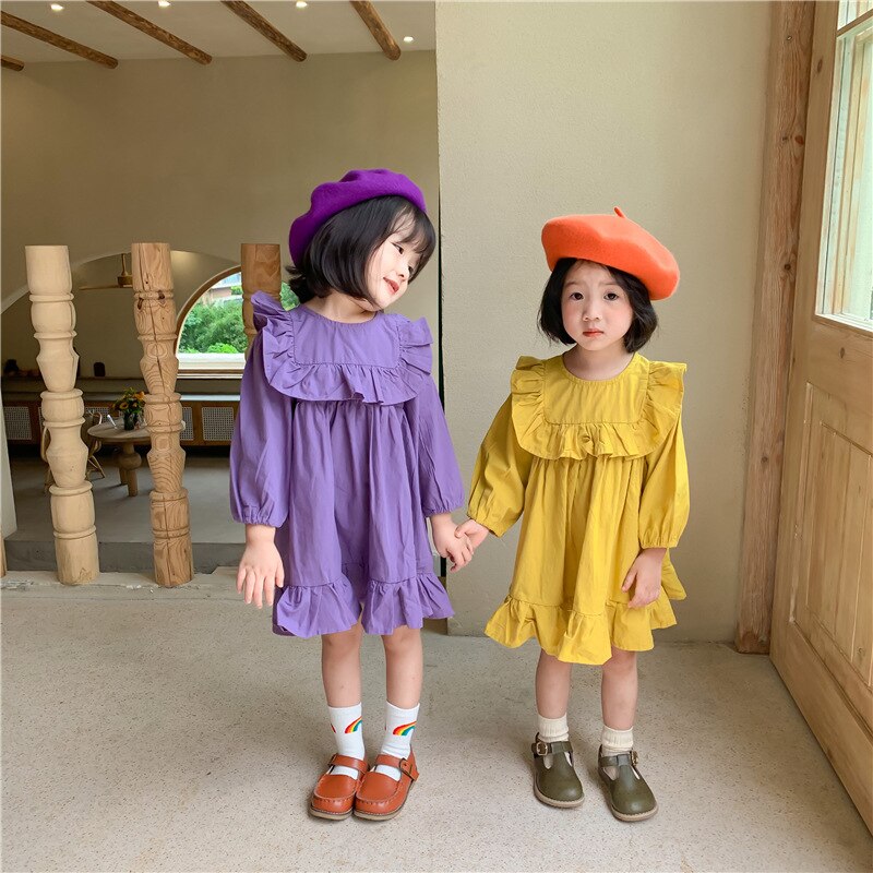 Autumn Girls Solid Long Sleeve Dress Kids Korean Dress