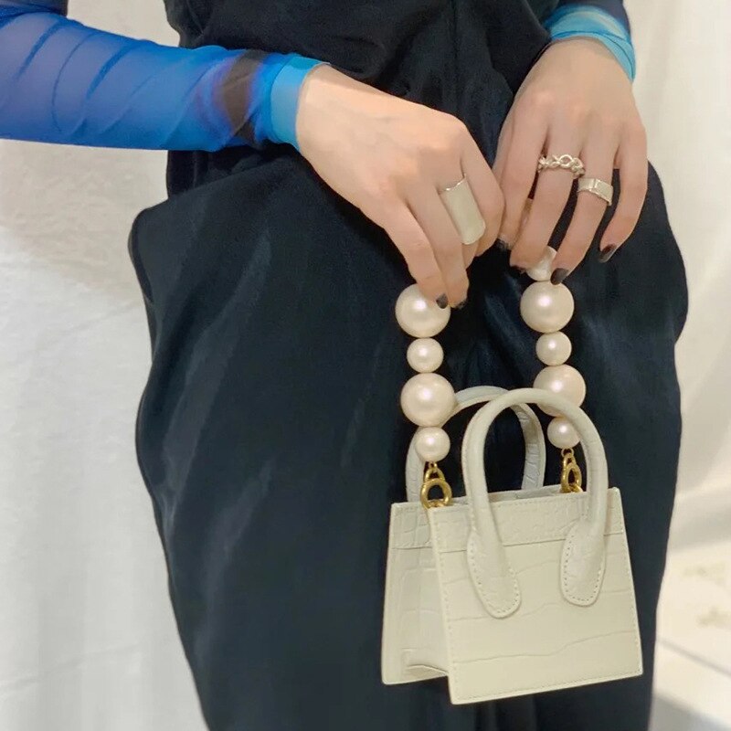 Handbag Women's Leather Mini Small Square Tote Bag Pearl Chain Messenger Bag Clutch Bag Casual Wallet Handbag Handbag: C