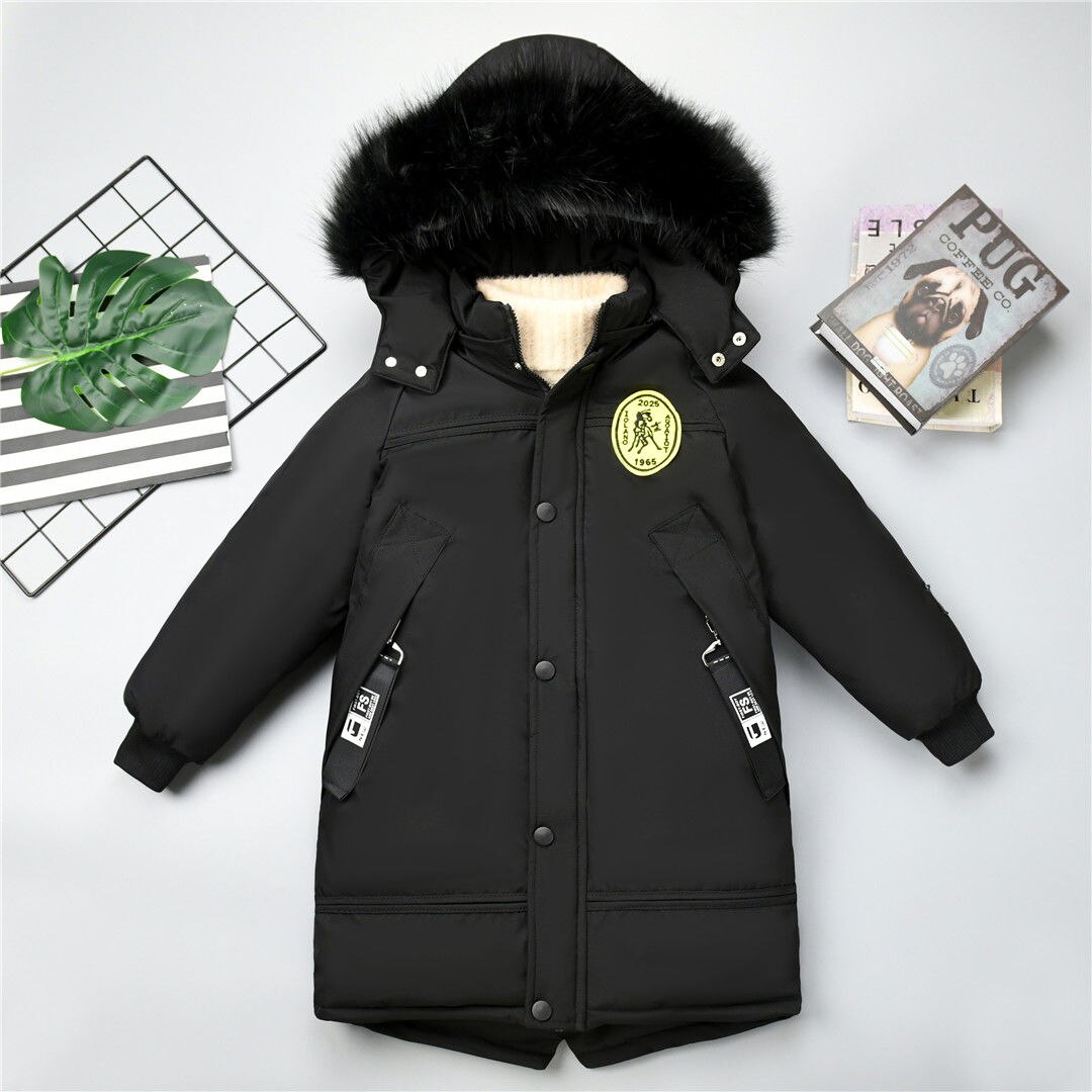 Jongens Winter Katoen Lange Fluwelen Dikke Katoenen Jas Geborduurd Borst Badge Met Grote Bontkraag Jongens Jassen 2 kleuren: black / 150