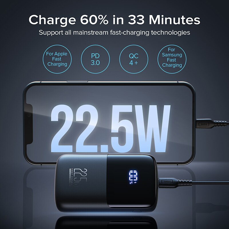 INIU – Power Bank 22.5W PD 10000mAh, chargeur rapide Portable avec support de téléphone, batterie externe pour iPhone, Samsung, iPad