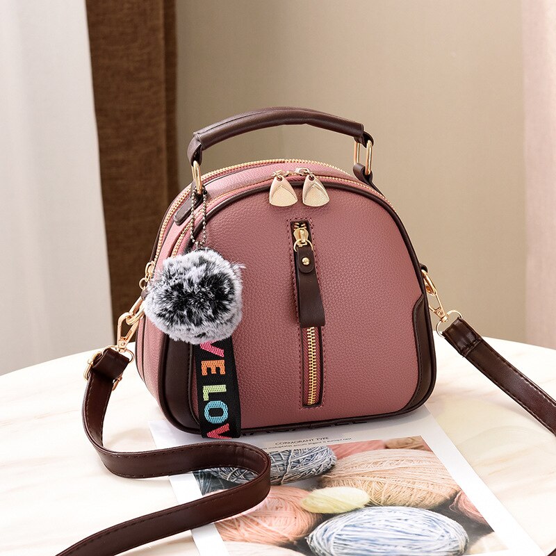 Solid Color Women Shell Bag Portable Shoulder Bag PU Leather Female Bag With Gray Hair Ball