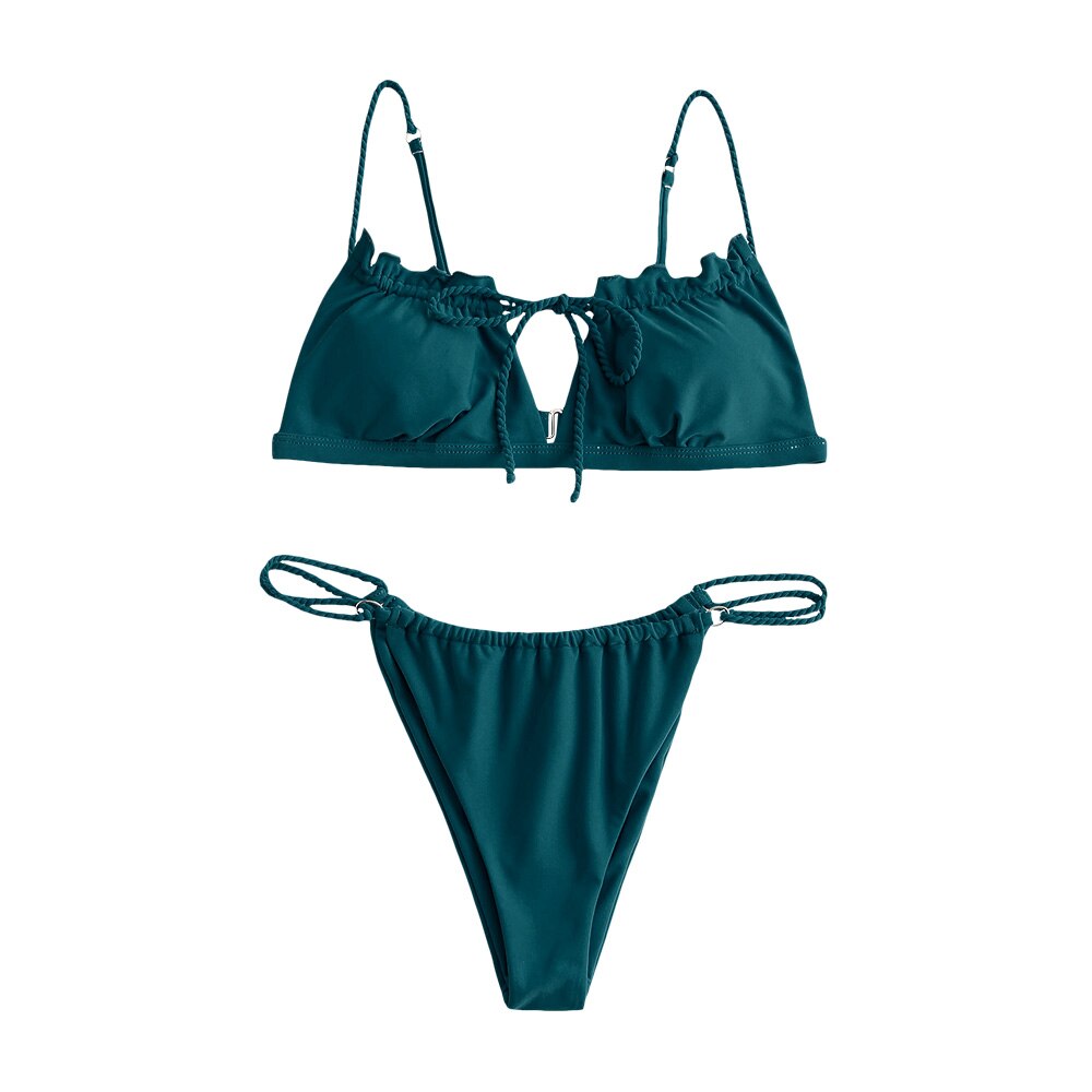ZAFUL-Conjunto de Bikini con lazo trenzado para mujer, conjunto de Bikini femenino de tela brillante, trajes de baño sólidos azules, ropa de playa de verano,