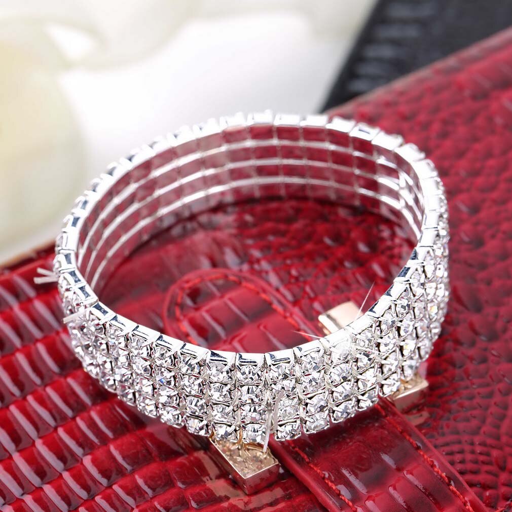 4 Row Stretch Clear Rhinestone Crystal Bridal Bracelets Bangles Wedding Party Jewelry Accessories for Women