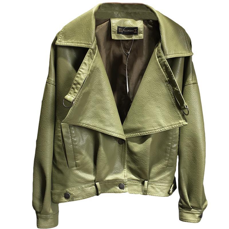 FTLZZ-SACO Bomber de mujer, chaqueta de piel sintética, abrigos de motorista para mujer, prendas de vestir Punk Vintage, chaquetas cortas rojas y verdes para motocicleta: Green / L