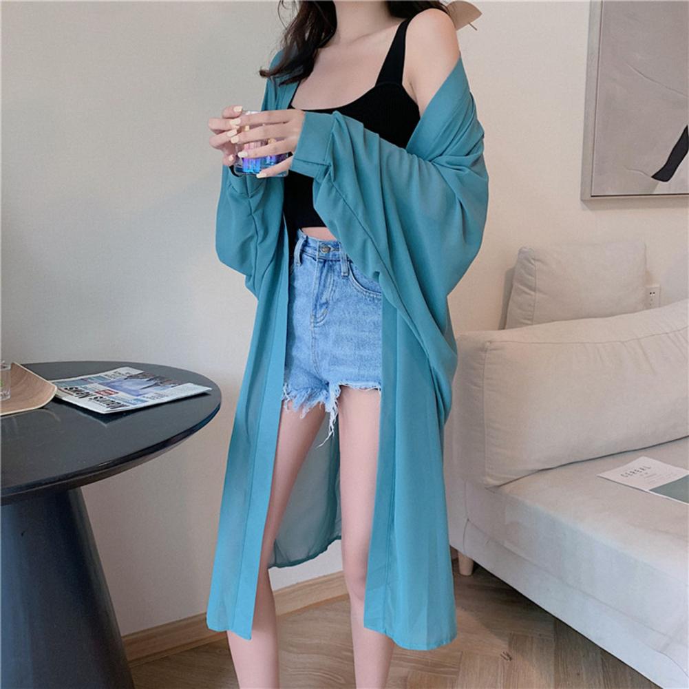 Vrouwen Zomer Mouw Effen Kleur Anti Zon Dunne Vest Midi Jas Vrouwelijke Zomer Strand Kimono Lange Batwing