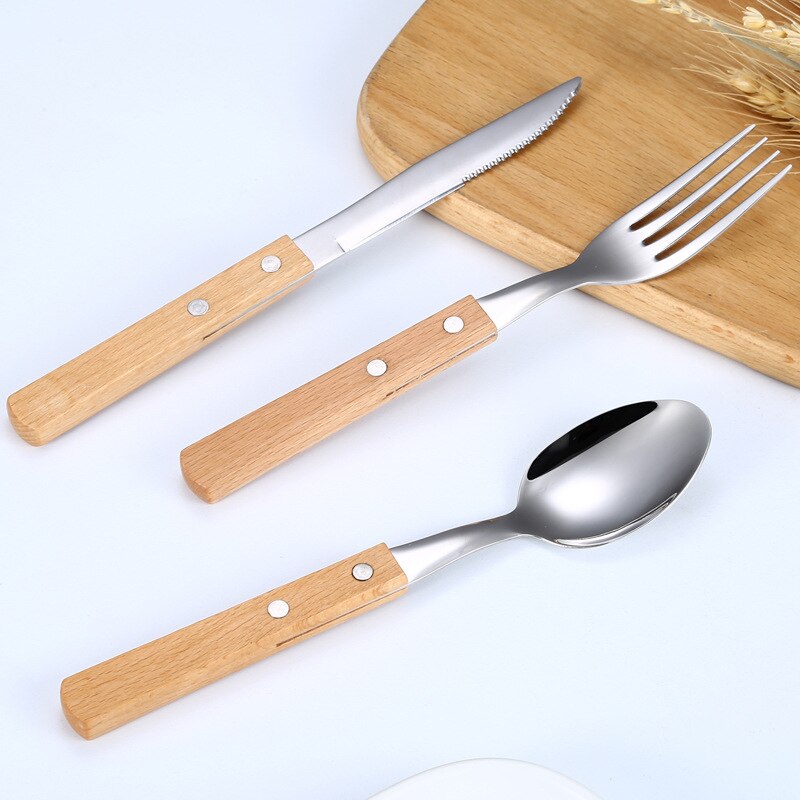 Silverware Set 304 stainless Wooden Handle Eco Friendly Cutlery Set Tableware Forks And Spoon Set Zero Waste Kitchen Supplies
