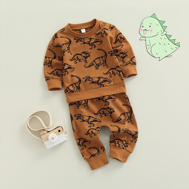 0-24 Maanden Cool Baby Boy Dinosaur Set, lange Mouw Ronde Hals Tops Elastische Hoge Taille Gedrukt Lange Broek, Kinderkleding