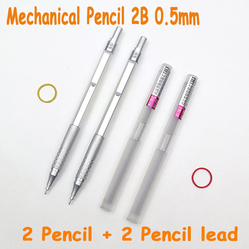 Mechanical Pencil 0.5mm 2B Full Metal Silver Automatic Pencils for Painting Writing Supplies Pencils: 2pcs-Silve- 0.5