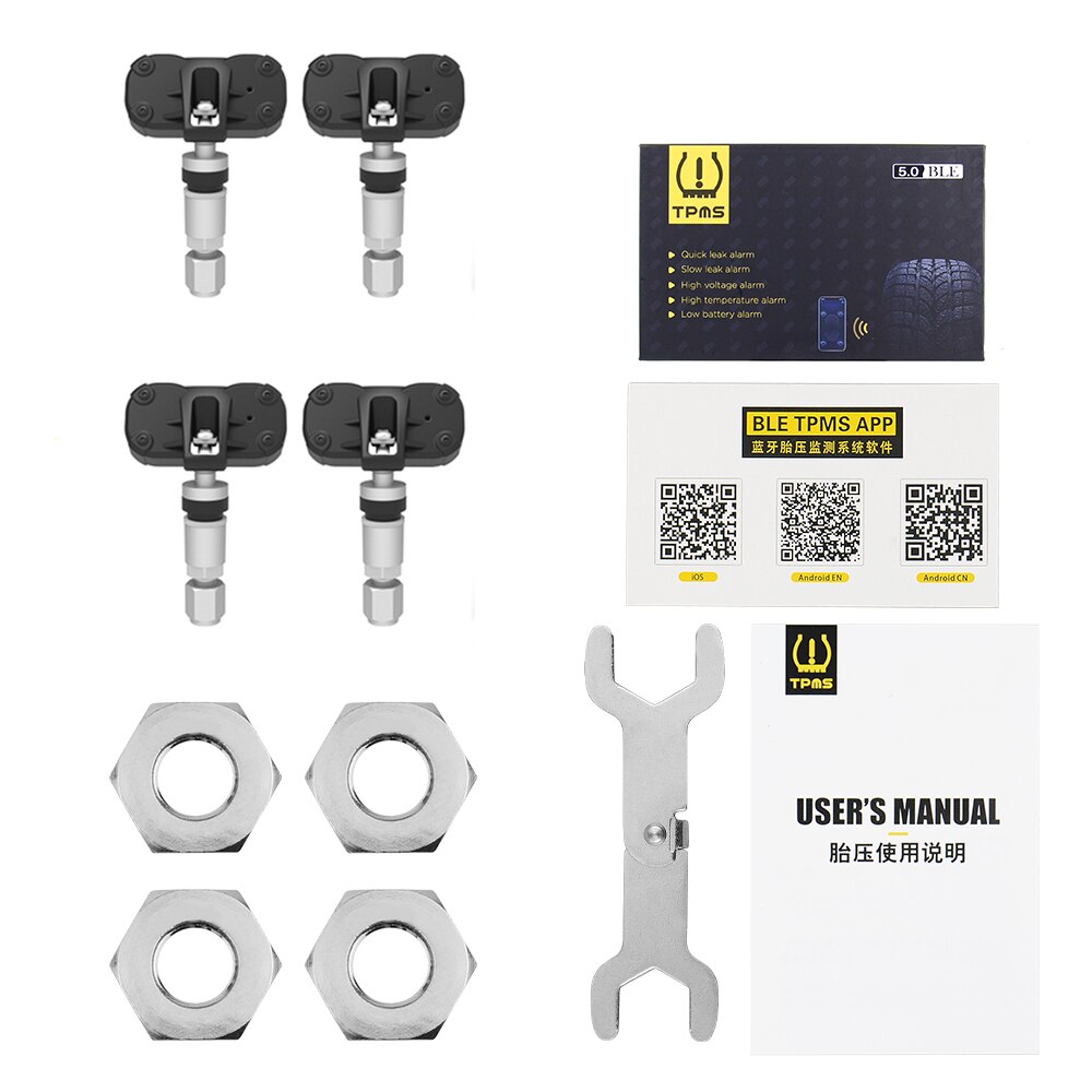 Bluetooth 5.0 tpms  v4.0 bildekktrykkmonitorsystem med 4 sensorer for ios android mobiltelefonapp overvåkingsalarm