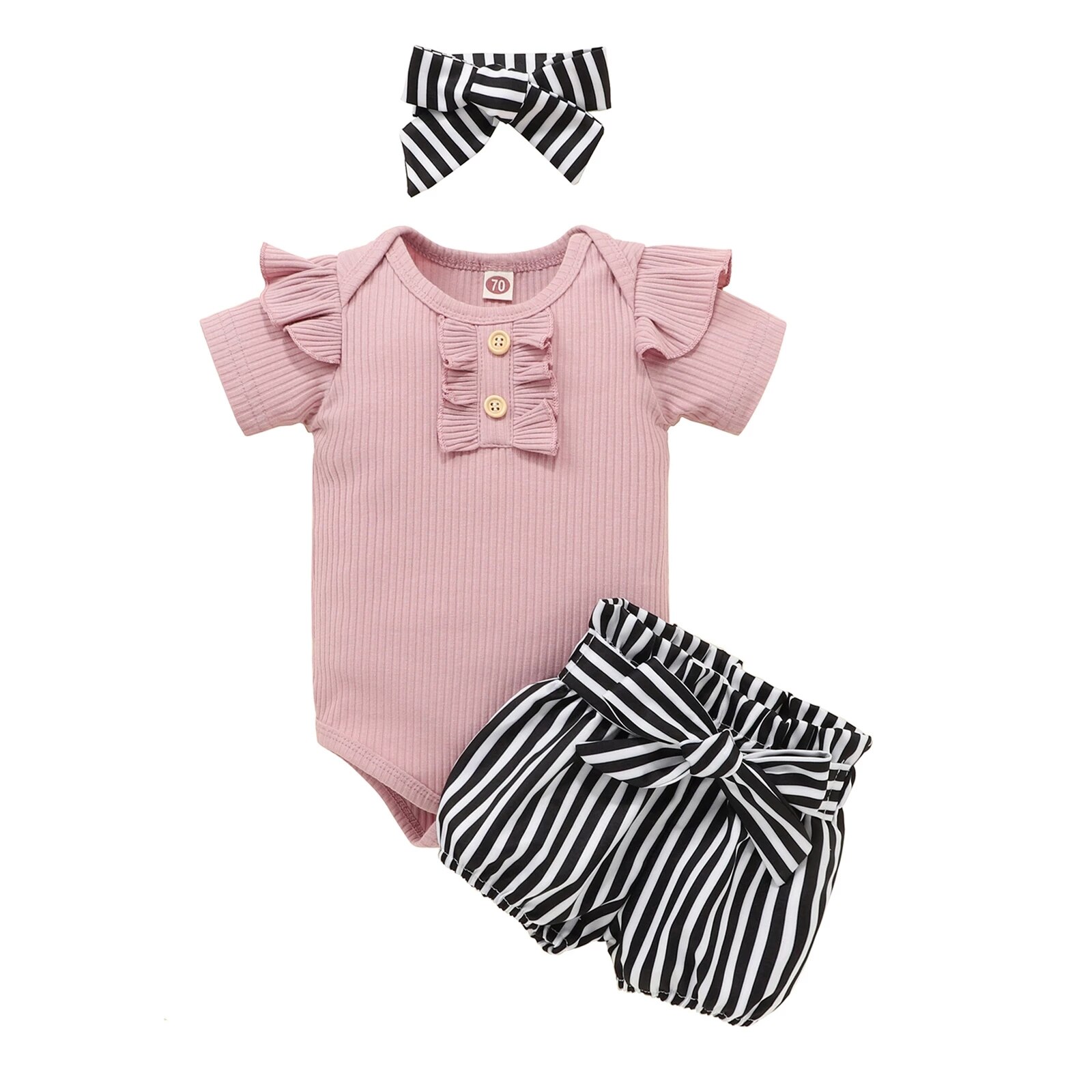 Baby Meisjes Driedelige Kleding Set, Ronde Kraag Korte Mouw Romper, Shorts En Hoofdtooi, blauw/Zwart: B / 6m