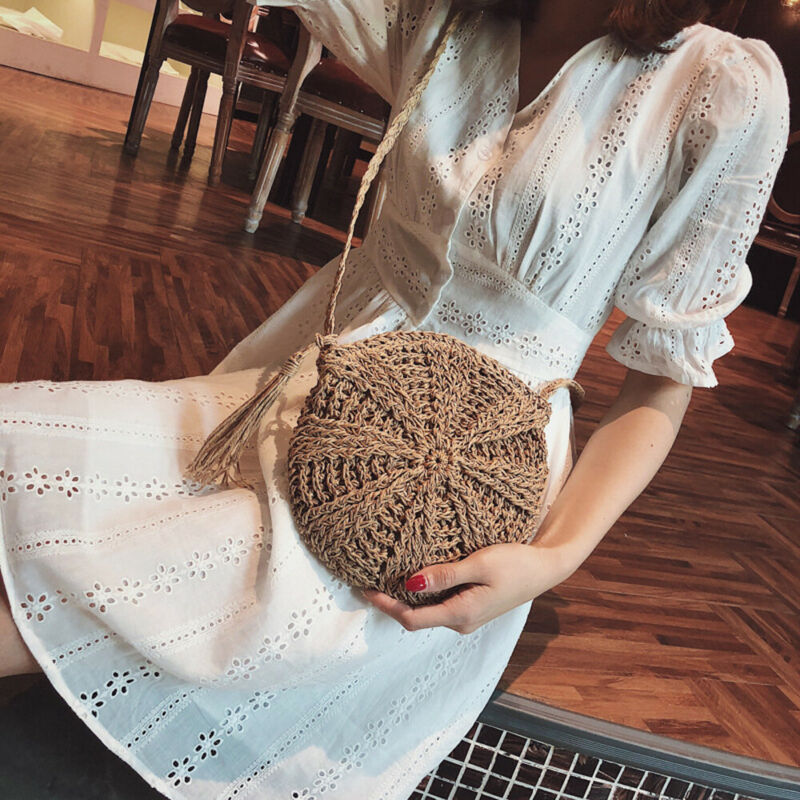 Women Straw Knitted Bag Wallet Round Beach Rattan Crossbody Bag Tote Messenger Purse