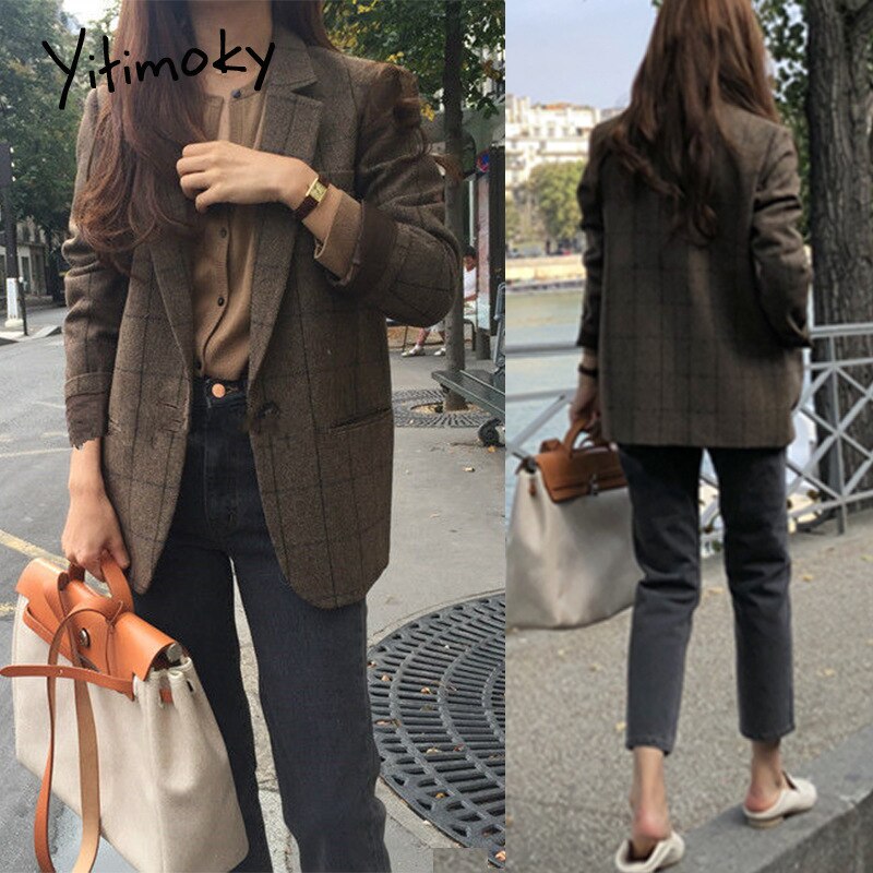 Kontor dame dame blazere og jakker rutete blazer koreansk kåpe kvinner vinterklær hakk enkantet yttertøy