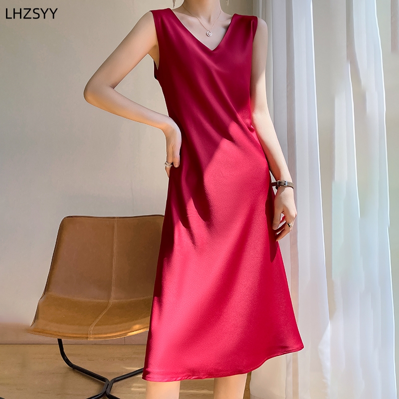 Lhzsyy silke satin for/bag v-hals slyngekjole dame ærmeløs vest top forår sommer morbærsilke hofte lange nederdele