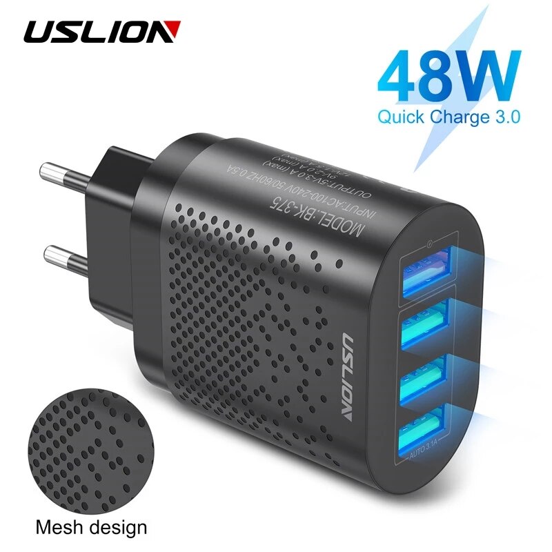 USLION-Cargador USB con enchufe para UE y EE.UU, para teléfono móvil, con carga rápida 3.0 3A, para iPhone 11, Samsung, Xiaomi, 4 puertos, cargadores de pared, 48W