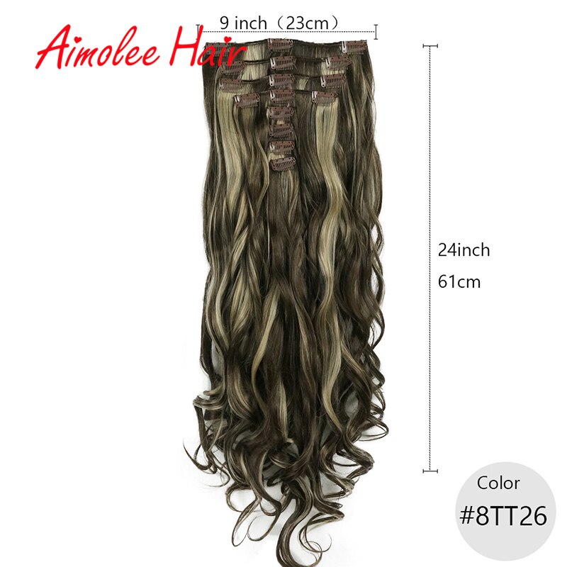 24 pulgadas 8 unids/set Natural largo ondulado rubia rojo destacar sintético postizo de Clip en extensiones de cabello 16 Clip de alta temperatura: 8TT26