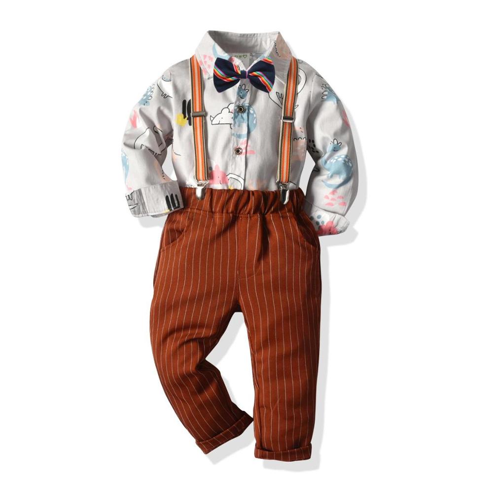 Drenges tøj sæt bow bånd langærmet skjorte + seler bukser småbarn dreng gentleman outfits dragter: 6t