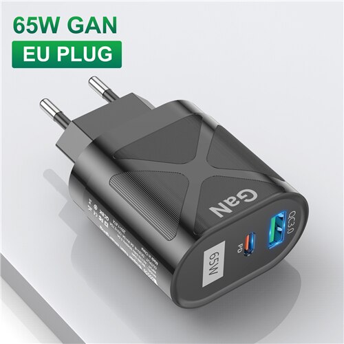 GTWIN 65W GaN PD Fast Charger Quick Charge QC3.0 USB-A Type C Fast USB C Charger For Huawei Xiaomi iPhone12 13 Pro Max X Macbook: EU Plug Black