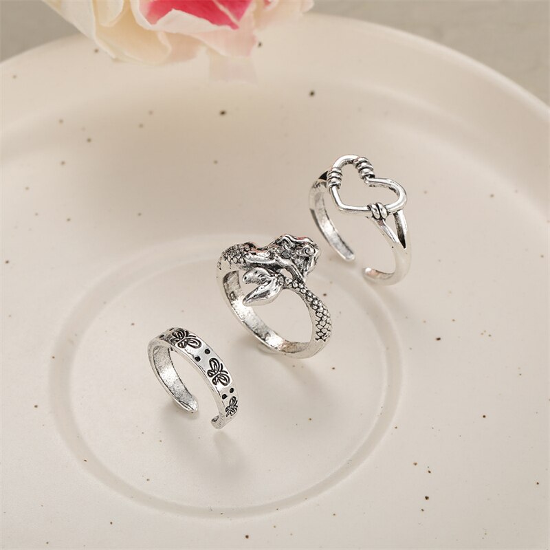3er -einstellen boho-meerjungfrauenringe für damen und herren, Punk-schmetterlingsringe, verstellbare offene fingerringe, partyschmuck
