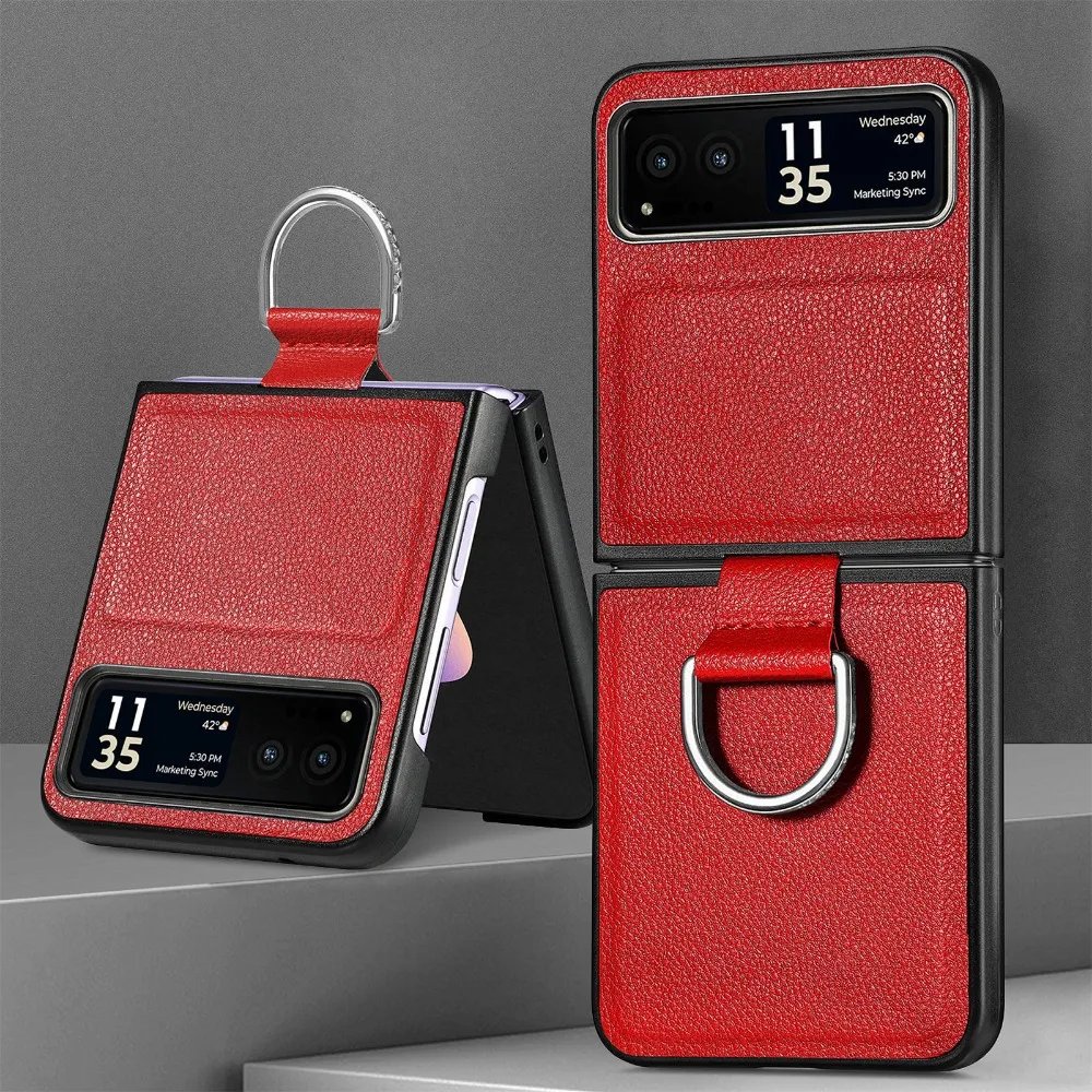 Capa de telefone luxuosa de couro pu para motorola moto razr 60 50 40 ultra com anel padrão de lichia pu tela dobrável capa protetora traseira: Vermelho / Razr 50 Motorola