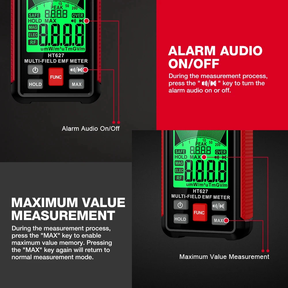 HT627 EMF Meter Electromagnetic Radiation Tester Electric Field Magnetic Field RF Radiation Radio Frequency Detector Warn Meter
